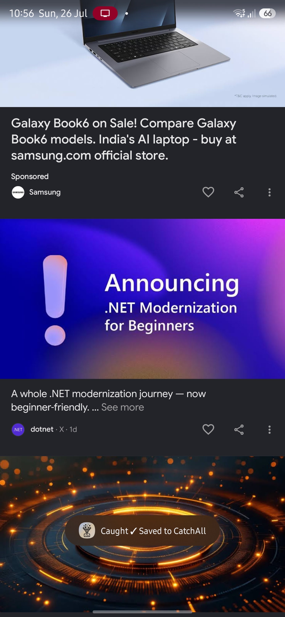 X timeline with Caught ✓ Saved to CatchAll toast overlaid